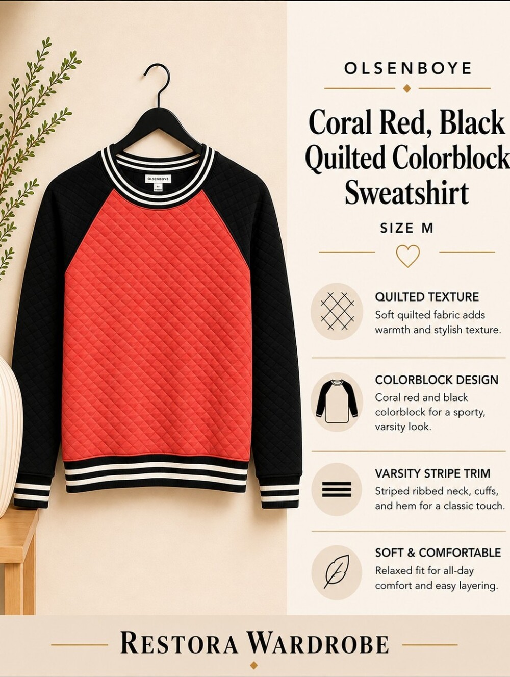 Olsenboye Varsity Preppy Coral Red Black Quilted Colorblock Sweatshirt M